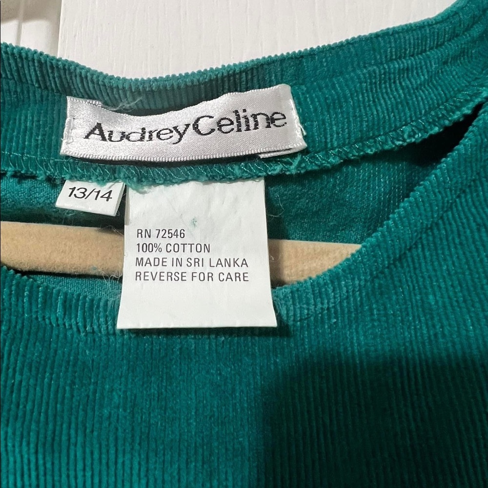 Vintage Audrey Celine. Marked size 13/14. 100% Cotton Corduroy material. Teal